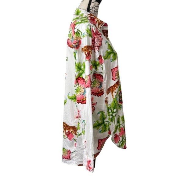 Shirtails Kitty Tunic Button-Up Top Women Size M Floral Tiger White Pink Cotton - Picture 3 of 9